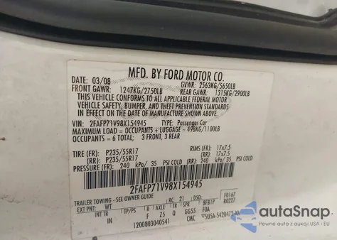 2008 Ford Crown Victoria Police/Police Interceptor из США, поврежденный, VIN 2FAFP71V98X154945